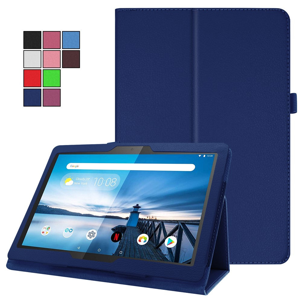 Anti-scratch Shockproof Litchi Texture Leather Stand Protective Phone Case Cover for Lenovo Tab M10 TB-X605F - Dark Blue