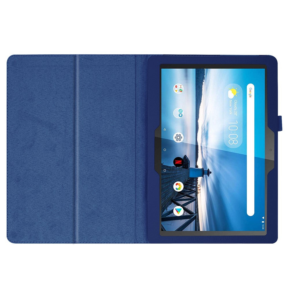 Anti-scratch Shockproof Litchi Texture Leather Stand Protective Phone Case Cover for Lenovo Tab M10 TB-X605F - Dark Blue