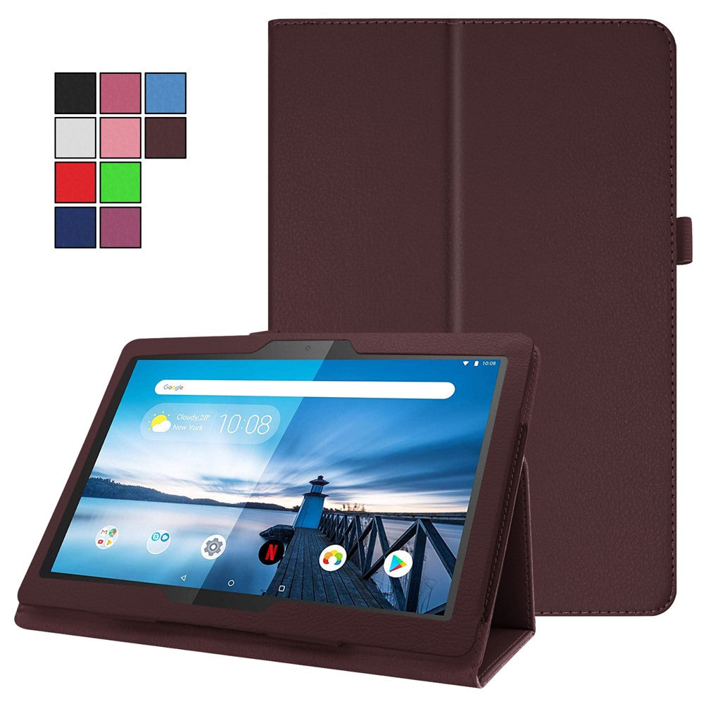 Anti-scratch Shockproof Litchi Texture Leather Stand Protective Phone Case Cover for Lenovo Tab M10 TB-X605F - Coffee