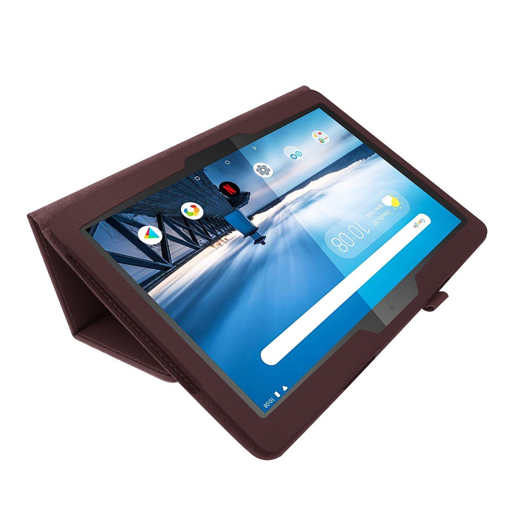 Anti-scratch Shockproof Litchi Texture Leather Stand Protective Phone Case Cover for Lenovo Tab M10 TB-X605F - Coffee