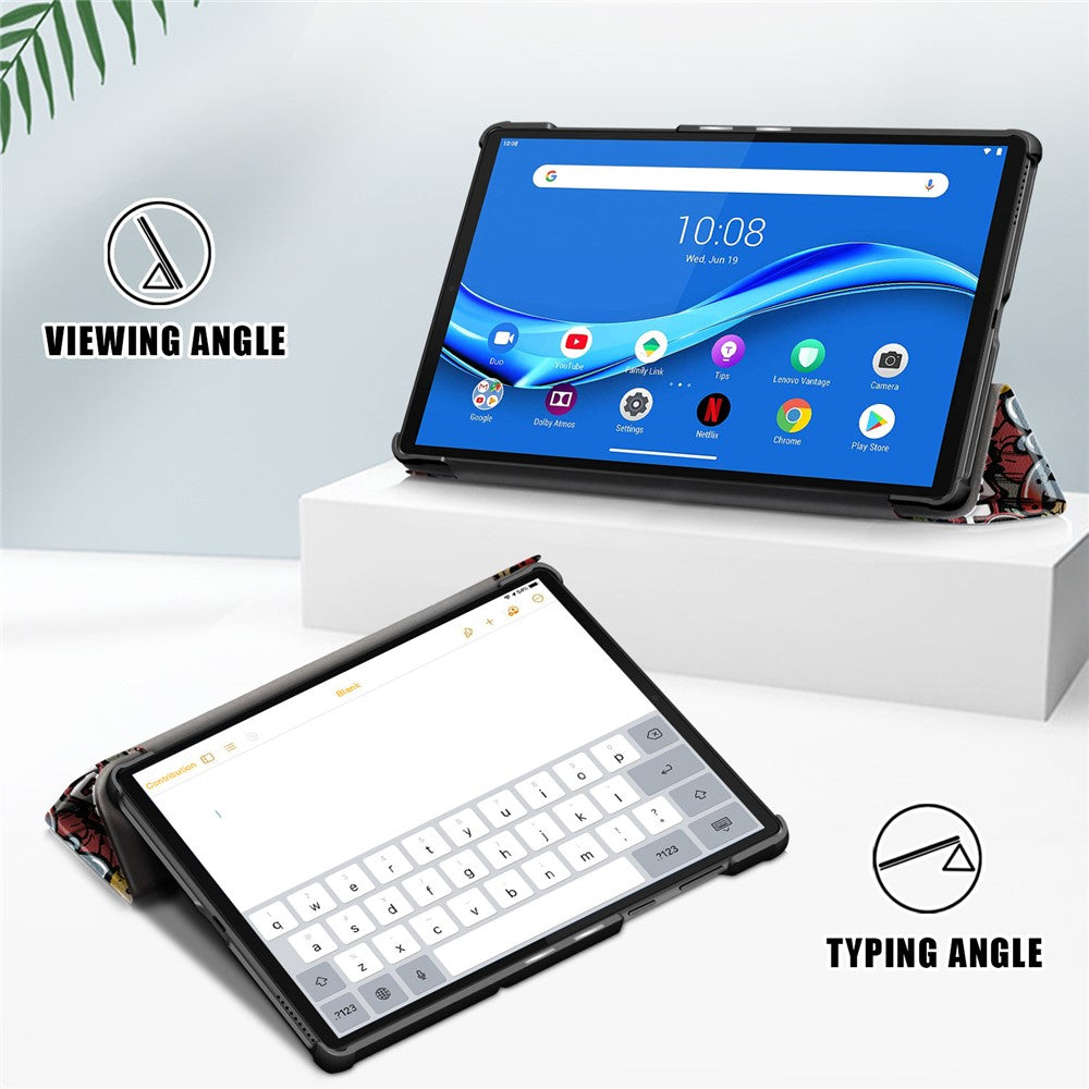 Pattern Printing Leather Smart Case Dual-Angle Tri-fold Stand Auto-Wake/Sleep Tablet Cover for Lenovo Smart Tab M10 FHD Plus/Tab M10 Plus TB-X606F - Cartoon Pattern
