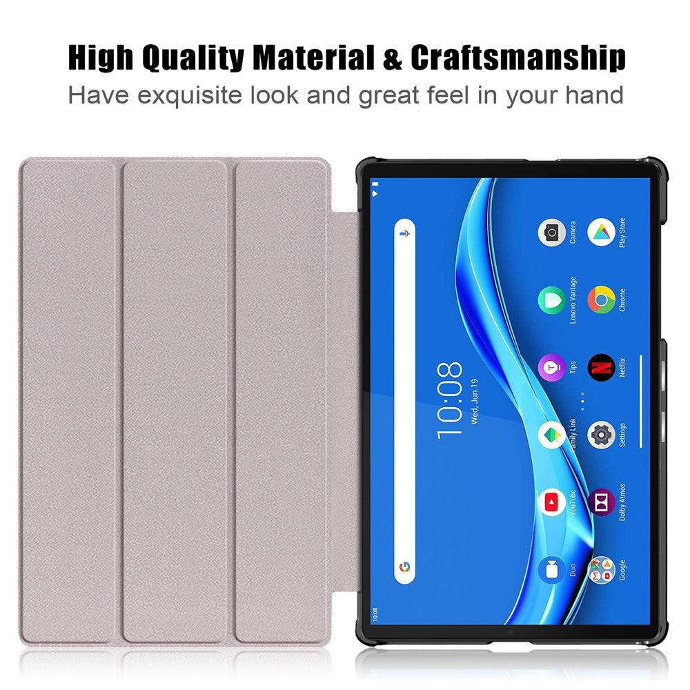 Textured Leather Tri-fold Stand Case Auto-Wake/Sleep Smart Tablet Cover Ultra Slim for Lenovo Smart Tab M10 FHD Plus/Tab M10 Plus TB-X606F - Black