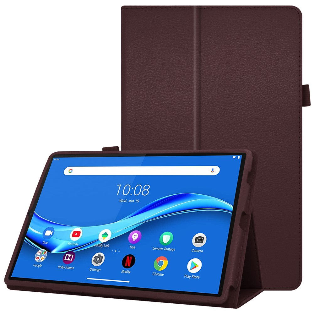 For Lenovo Tab M10 Plus TB-X606F PU Leather Case Shockproof Flip Tablet Cover with Stand Elastic Pencil Holder - Coffee