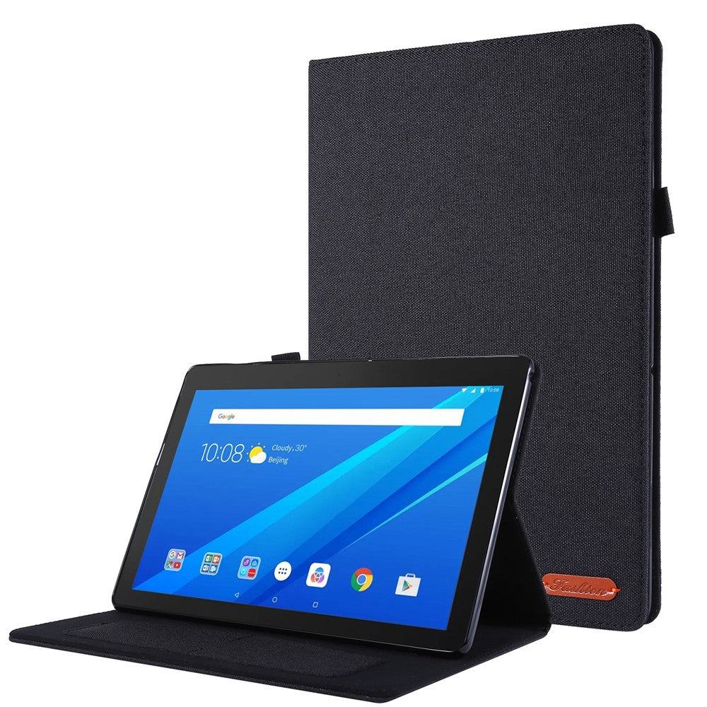 Cloth Texture Leather Tablet Shell with Card Holder Stand for Lenovo Tab E10 - Black