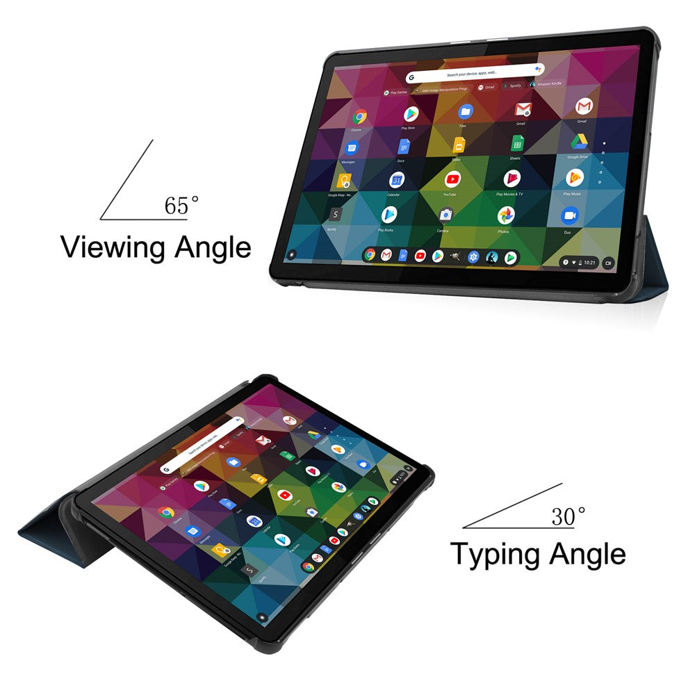 Litch Skin PU Leather Tri-fold Stand Shell for Lenovo Chromebook Duet Tablet Case - Blackish Green
