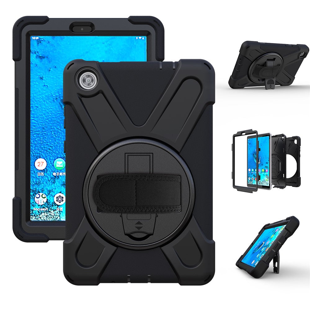 360° Swivel PC + Silicone Kickstand Tablet Case with Shoulder Strap for Lenovo Tab M8 (HD) TB-8505X / 8505F / Tab M8 (3rd Gen) 8506F - Black
