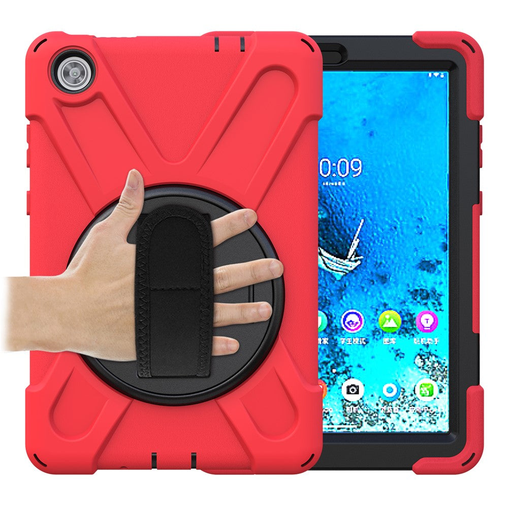 360° Swivel PC + Silicone Kickstand Tablet Case with Pen Slot Hand Band for Lenovo Tab M8 8" TB-8505F/8505X 2019 - Red