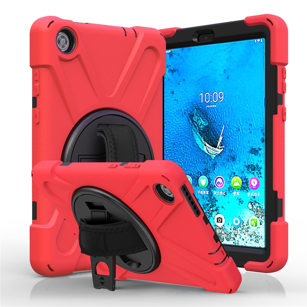 360° Swivel PC + Silicone Kickstand Tablet Case with Pen Slot Hand Band for Lenovo Tab M8 8" TB-8505F/8505X 2019 - Red