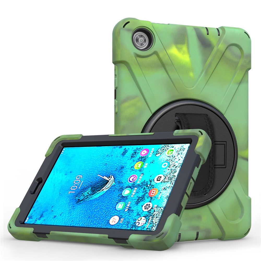 360° Swivel PC + Silicone Kickstand Tablet Case with Pen Slot Hand Band for Lenovo Tab M8 8" TB-8505F/8505X 2019 - Camouflage