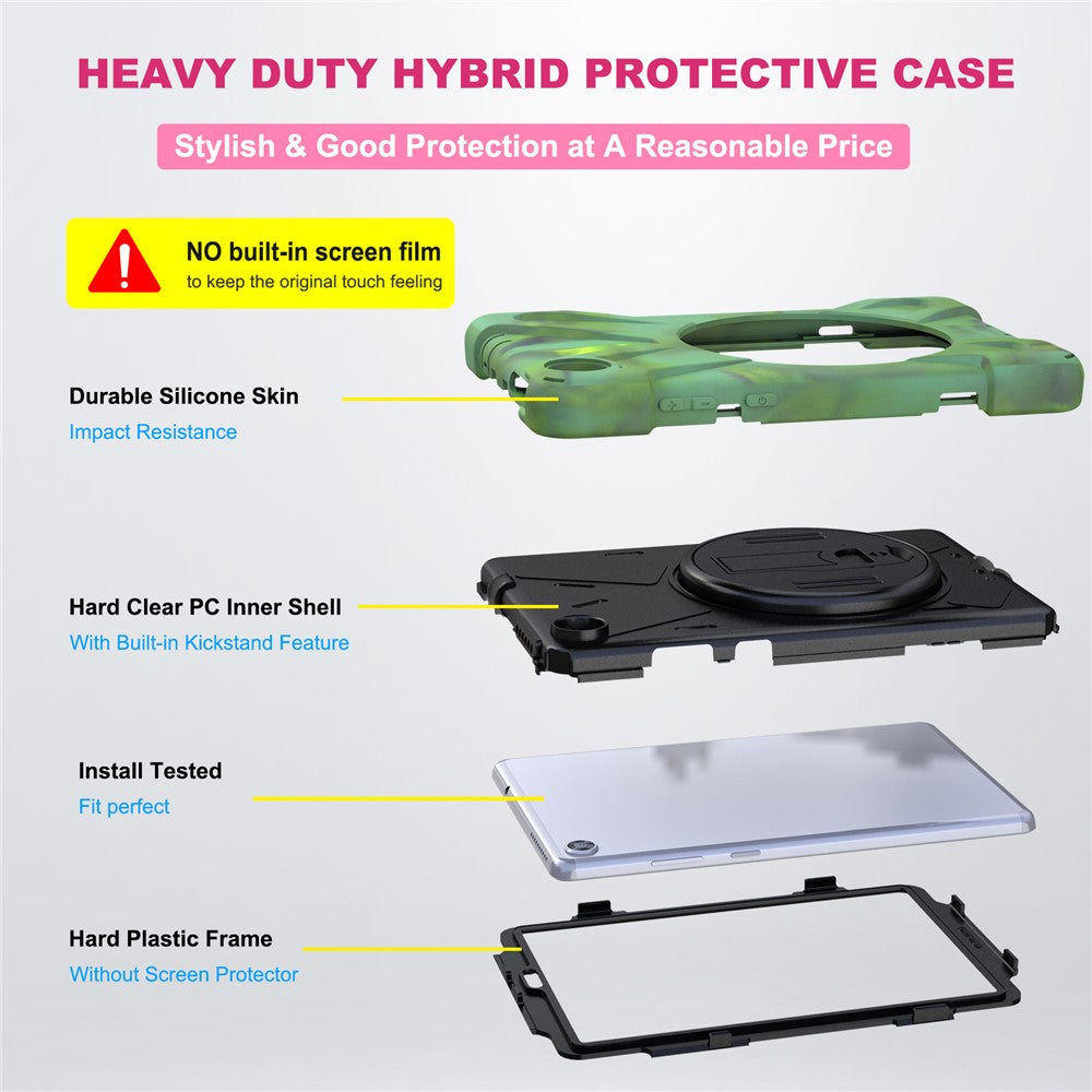 360° Swivel PC + Silicone Kickstand Tablet Case with Pen Slot Hand Band for Lenovo Tab M8 8" TB-8505F/8505X 2019 - Camouflage