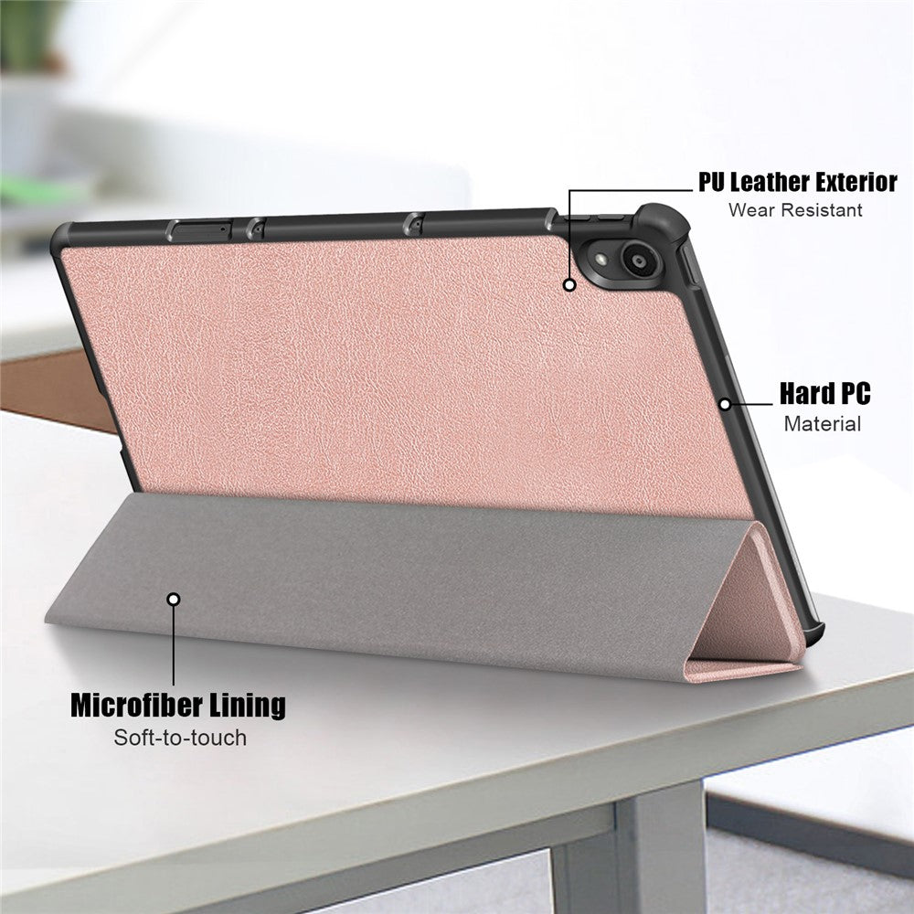 Narrow Bezel Tri-fold Auto-Sleep-and-Wake Smart Leather Stand Case with Anti-Shock Bumper for Lenovo Tab P11 TB-J606F / Tab P11 5G - Rose Gold