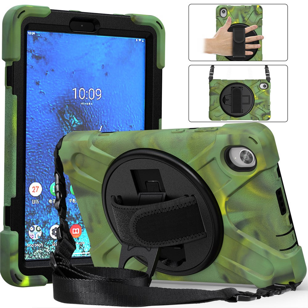 PC and Silicone Tablet Case + Shoulder Strap + Hand Band + 360° Swivel Kickstand for Lenovo Tab M8 2020 - Army Green