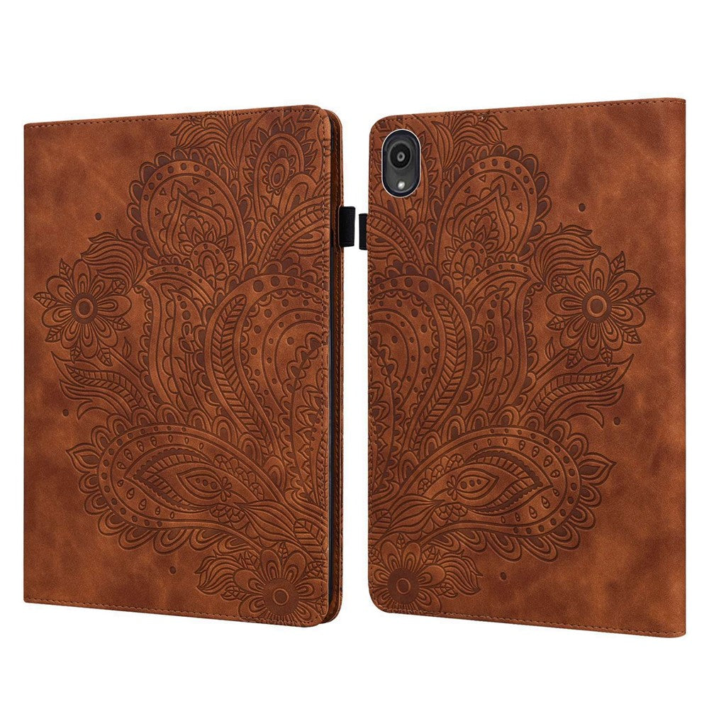 Imprinted Flower Pattern Leather Wallet Stand Tablet Protective Case for Lenovo Tab M10 Plus - Brown