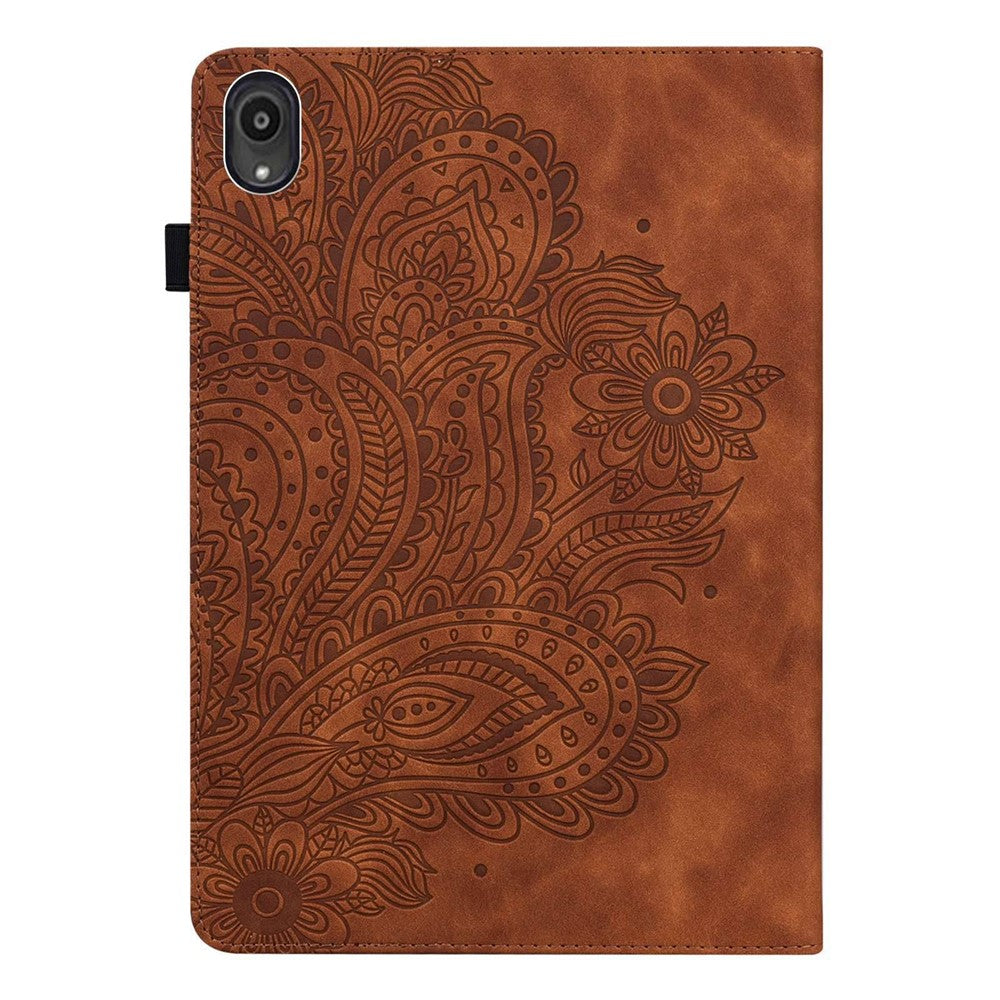 Imprinted Flower Pattern Leather Wallet Stand Tablet Protective Case for Lenovo Tab M10 Plus - Brown