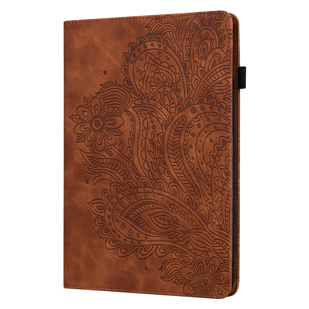 Imprinted Flower Pattern Leather Wallet Stand Tablet Protective Case for Lenovo Tab M10 Plus - Brown