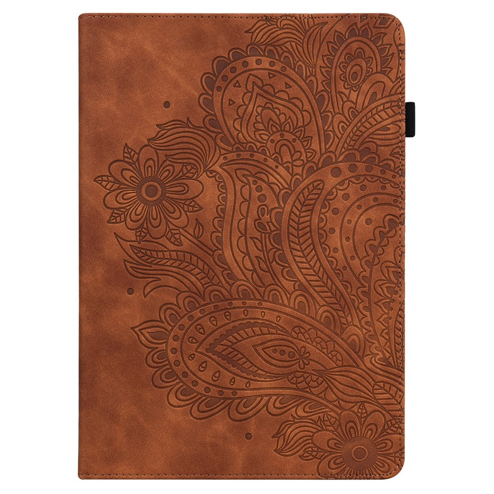 Imprinted Flower Pattern Leather Wallet Stand Tablet Protective Case for Lenovo Tab M10 Plus - Brown