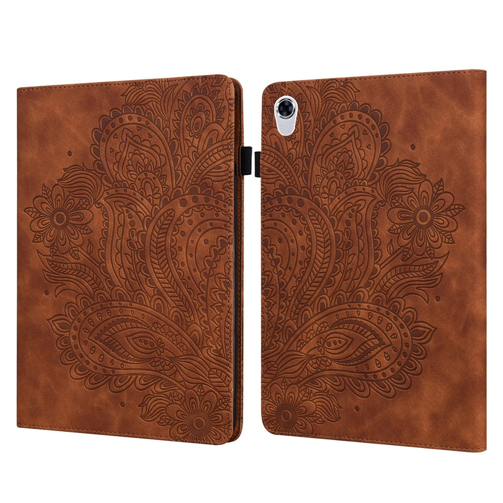 Imprinted Flower Pattern Leather Wallet Stand Tablet Protective Shell for Lenovo Tab M10 HD Gen 2 - Brown