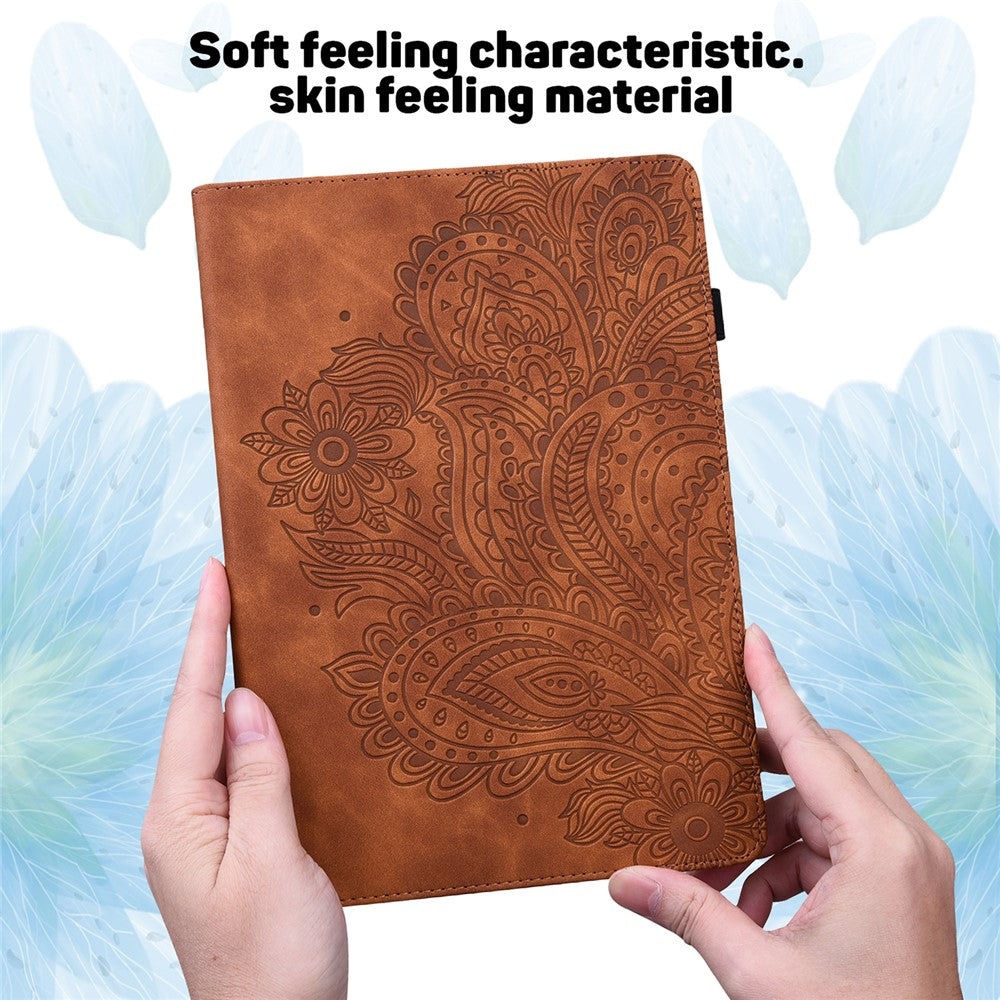 For Lenovo M10 Plus / Smart Tab M10 FHD Plus X606F Imprinted Flower Pattern Leather Wallet Stand Tablet Protective Shell - Brown