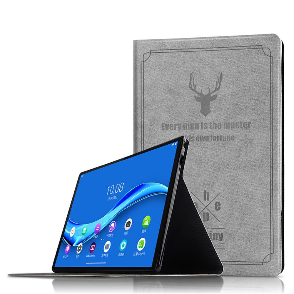 Imprint Deer and Quote Pattern Leather + TPU Tablet Shell for Lenovo M10 FHD REL - Grey