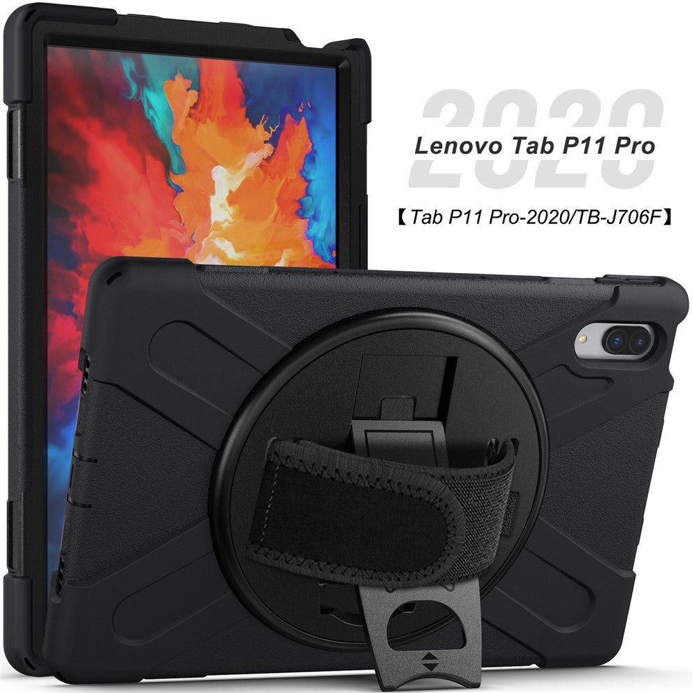 360° Rotary Kickstand Design PC + Silicone Tablet Case Shell for Lenovo Tab P11 Pro TB-J706F - Black