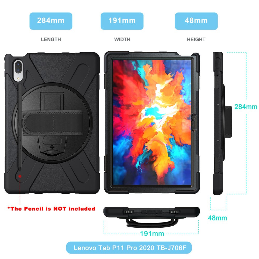 360 Degree Swivel Kickstand Design PC + Silicone Hybrid Protective Tablet Case + Shoulder Strap for Lenovo Tab P11 Pro TB-J706F - Black