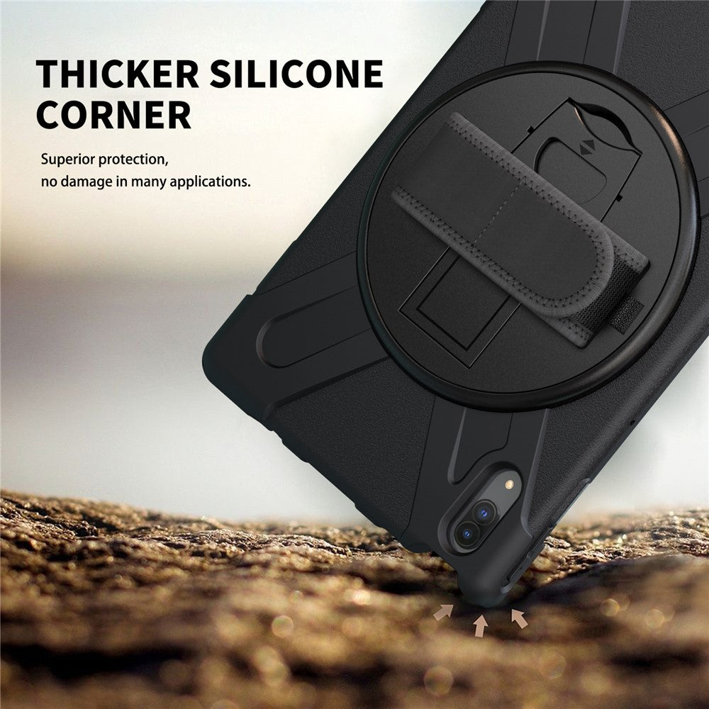 360 Degree Swivel Kickstand Design PC + Silicone Hybrid Protective Tablet Case + Shoulder Strap for Lenovo Tab P11 Pro TB-J706F - Black