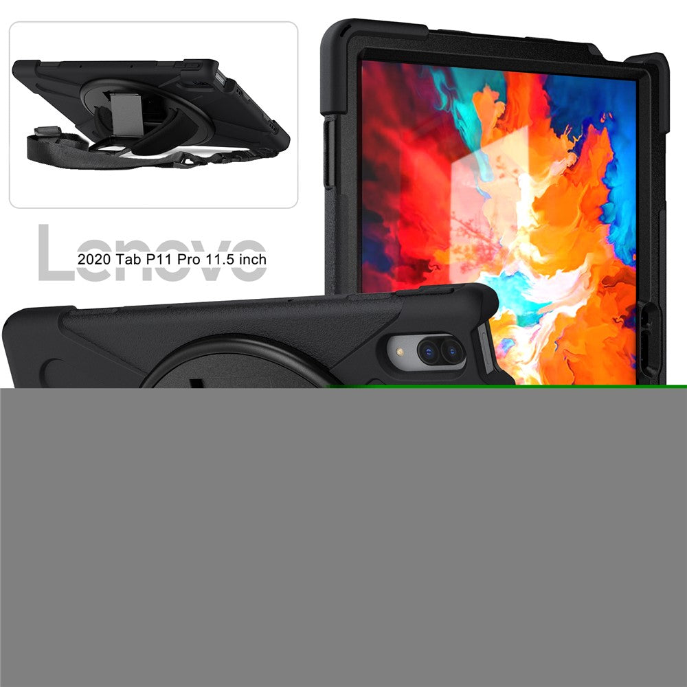 360 Degree Swivel Kickstand Design PC + Silicone Hybrid Protective Tablet Case + Shoulder Strap for Lenovo Tab P11 Pro TB-J706F - Black