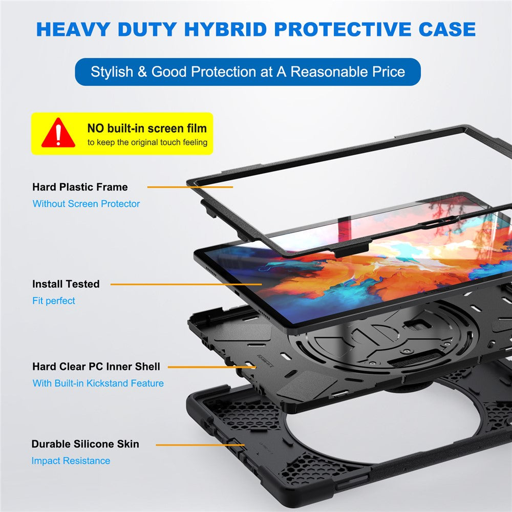 360 Degree Swivel Kickstand Design PC + Silicone Hybrid Protective Tablet Case + Shoulder Strap for Lenovo Tab P11 Pro TB-J706F - Black