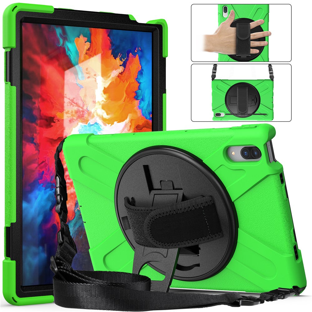 360 Degree Swivel Kickstand Design PC + Silicone Hybrid Protective Tablet Case + Shoulder Strap for Lenovo Tab P11 Pro TB-J706F - Green