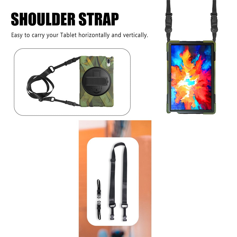360 Degree Swivel Kickstand Design PC + Silicone Hybrid Protective Tablet Case + Shoulder Strap for Lenovo Tab P11 Pro TB-J706F - Camouflage