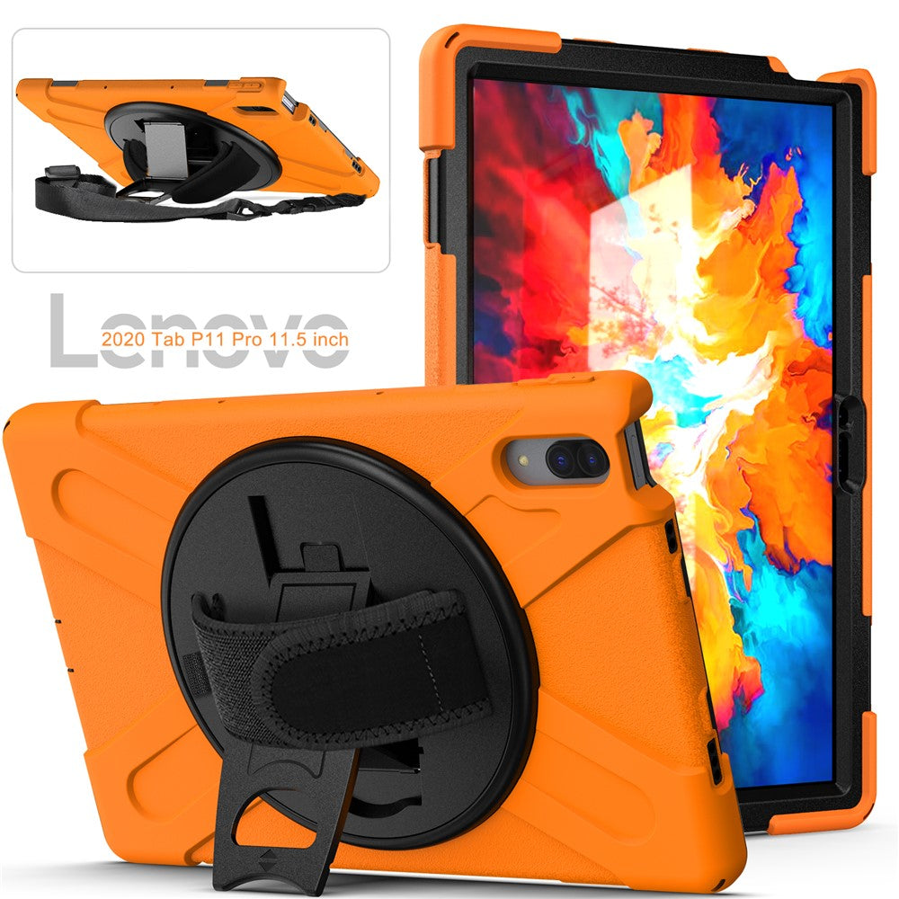360 Degree Swivel Kickstand Design PC + Silicone Hybrid Protective Tablet Case + Shoulder Strap for Lenovo Tab P11 Pro TB-J706F - Orange