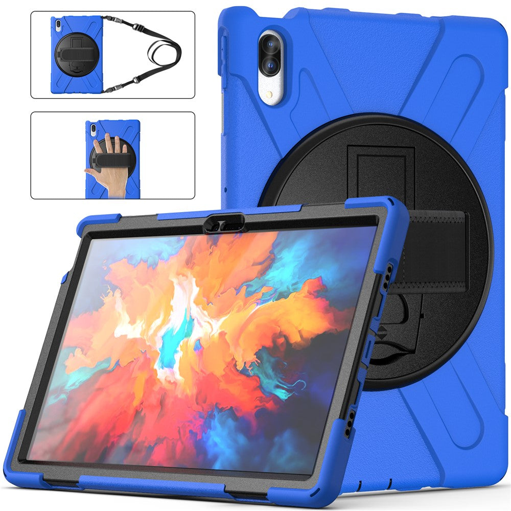 360 Degree Swivel Kickstand Design PC + Silicone Hybrid Protective Tablet Case + Shoulder Strap for Lenovo Tab P11 Pro TB-J706F - Blue