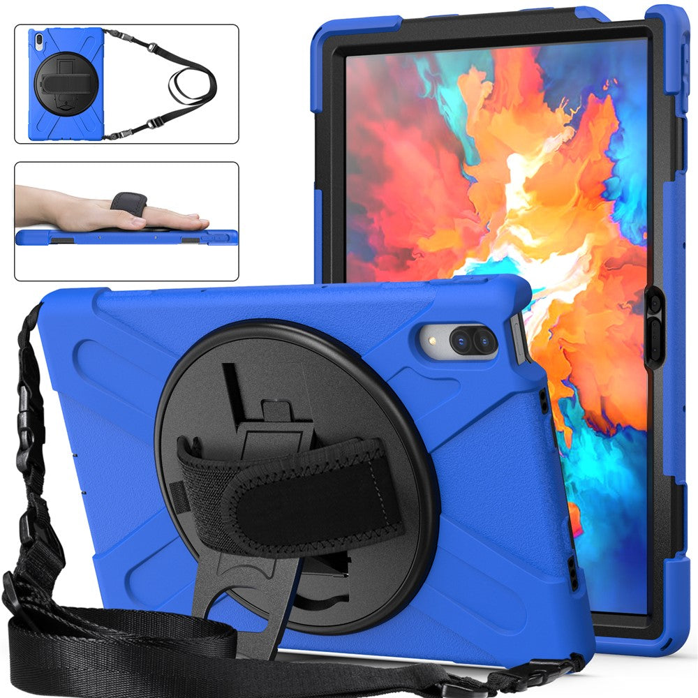360 Degree Swivel Kickstand Design PC + Silicone Hybrid Protective Tablet Case + Shoulder Strap for Lenovo Tab P11 Pro TB-J706F - Blue