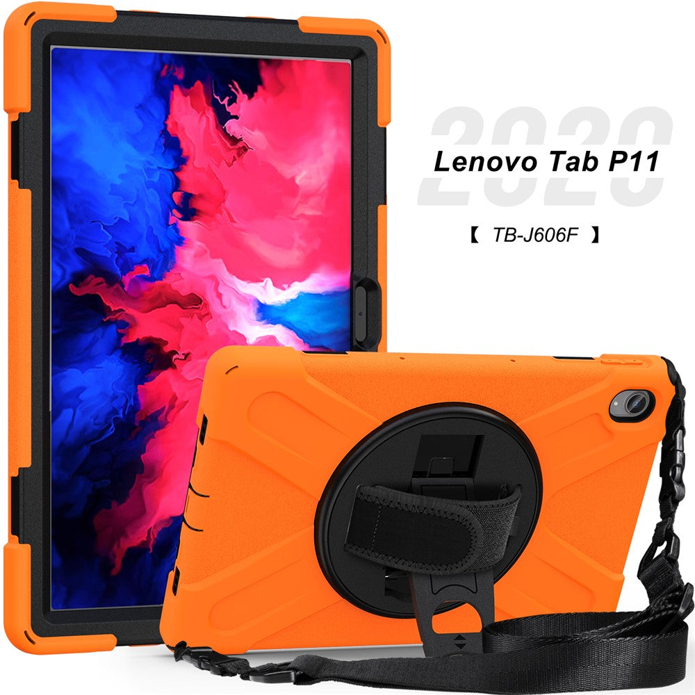 360 Degree Swivel Kickstand Design PC + Silicone Hybrid Tablet Case with Shoulder Strap for Lenovo Tab P11 TB-J606F / Tab P11 5G / Tab P11 5G - Orange