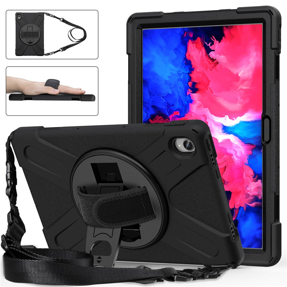 360 Degree Swivel Kickstand Design PC + Silicone Hybrid Tablet Case with Shoulder Strap for Lenovo Tab P11 TB-J606F / Tab P11 5G / Tab P11 5G - Black