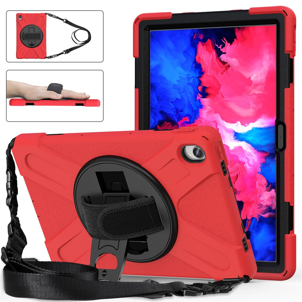 360 Degree Swivel Kickstand Design PC + Silicone Hybrid Tablet Case with Shoulder Strap for Lenovo Tab P11 TB-J606F / Tab P11 5G / Tab P11 5G - Red