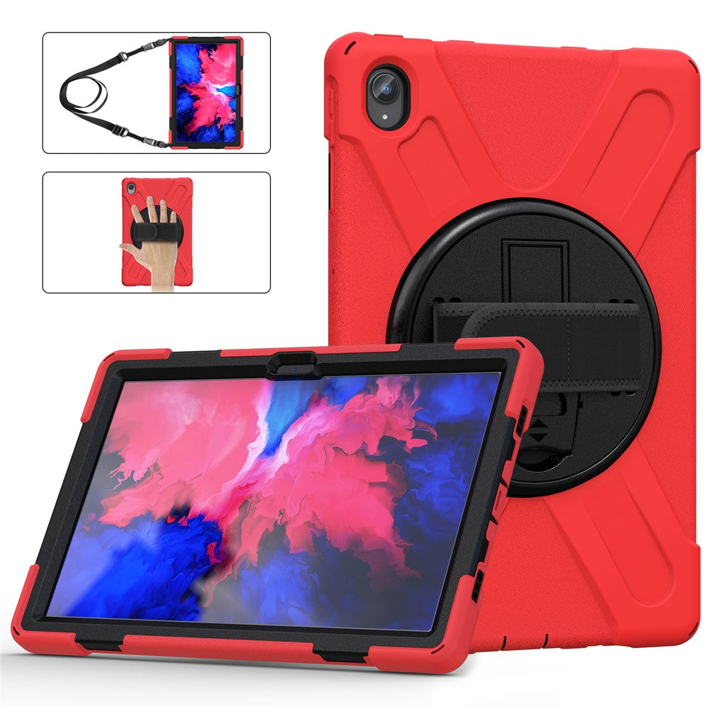 360 Degree Swivel Kickstand Design PC + Silicone Hybrid Tablet Case with Shoulder Strap for Lenovo Tab P11 TB-J606F / Tab P11 5G / Tab P11 5G - Red