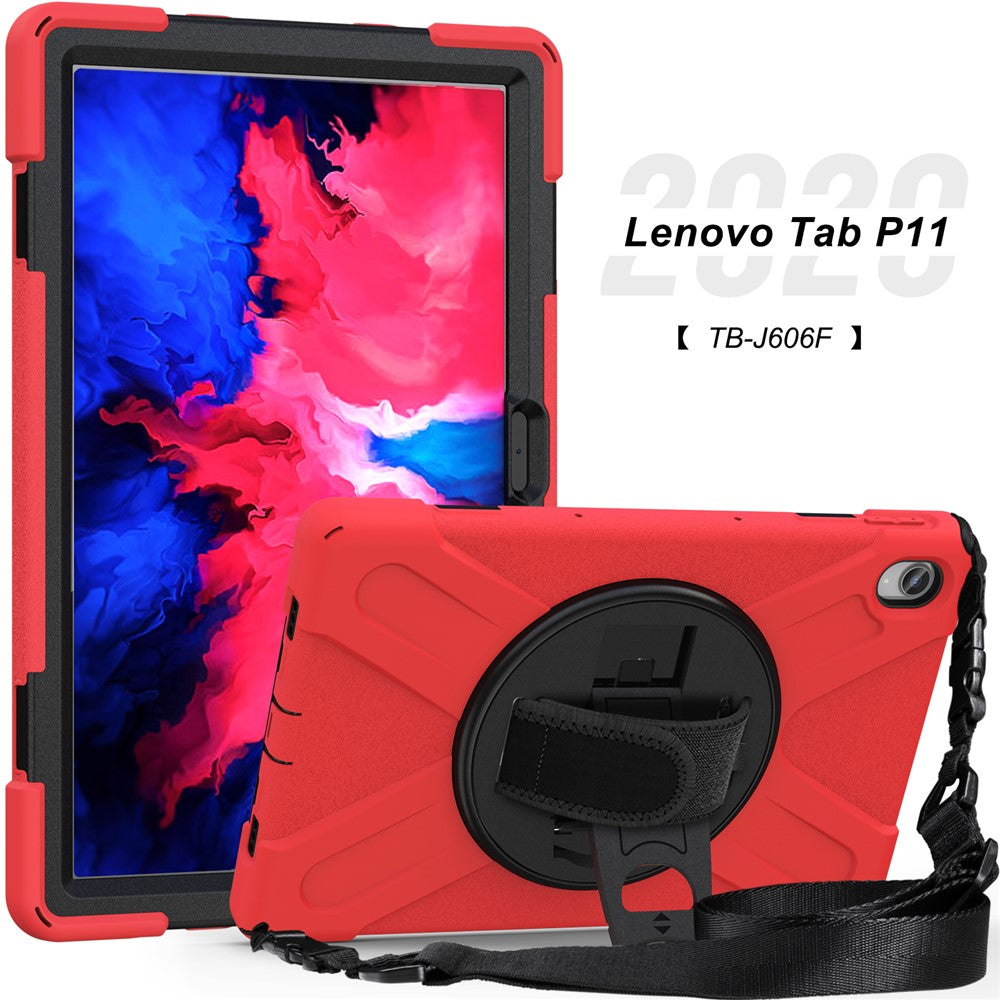 360 Degree Swivel Kickstand Design PC + Silicone Hybrid Tablet Case with Shoulder Strap for Lenovo Tab P11 TB-J606F / Tab P11 5G / Tab P11 5G - Red