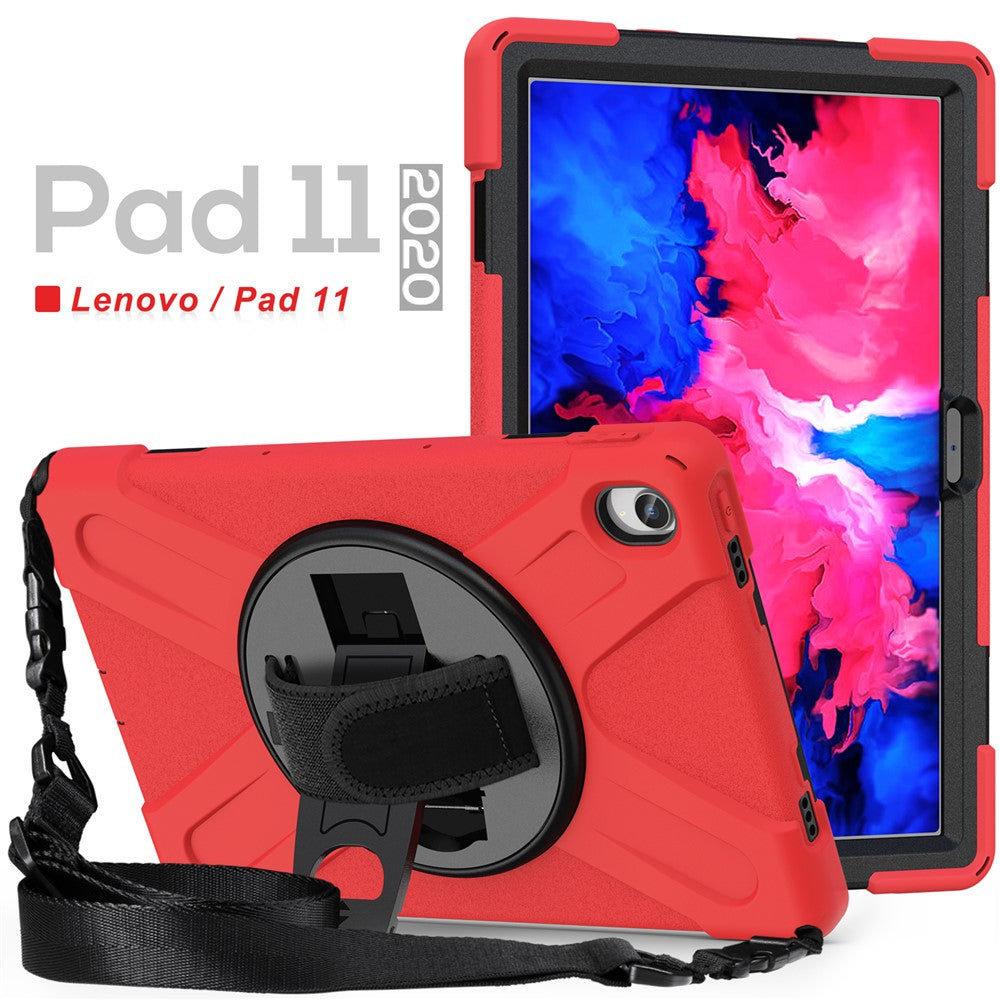 360 Degree Swivel Kickstand Design PC + Silicone Hybrid Tablet Case with Shoulder Strap for Lenovo Tab P11 TB-J606F / Tab P11 5G / Tab P11 5G - Red
