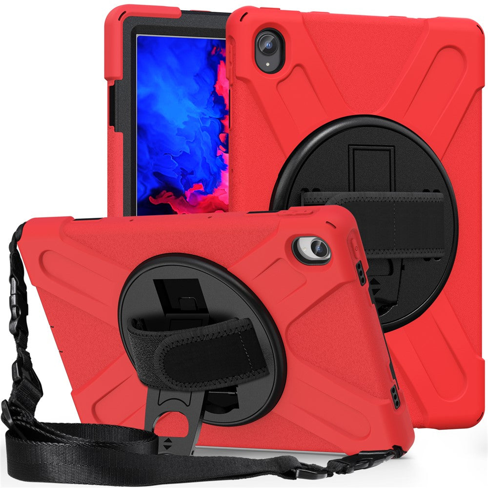 360 Degree Swivel Kickstand Design PC + Silicone Hybrid Tablet Case with Shoulder Strap for Lenovo Tab P11 TB-J606F / Tab P11 5G / Tab P11 5G - Red