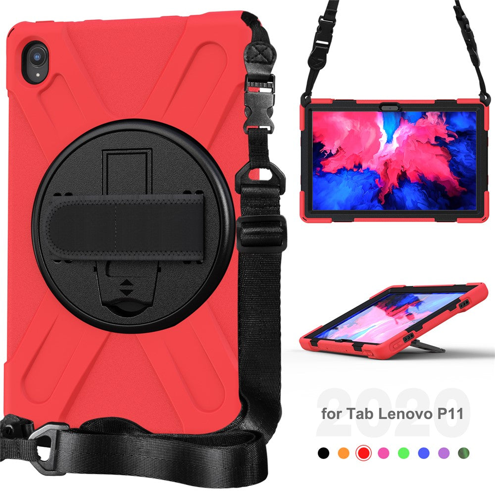 360 Degree Swivel Kickstand Design PC + Silicone Hybrid Tablet Case with Shoulder Strap for Lenovo Tab P11 TB-J606F / Tab P11 5G / Tab P11 5G - Red