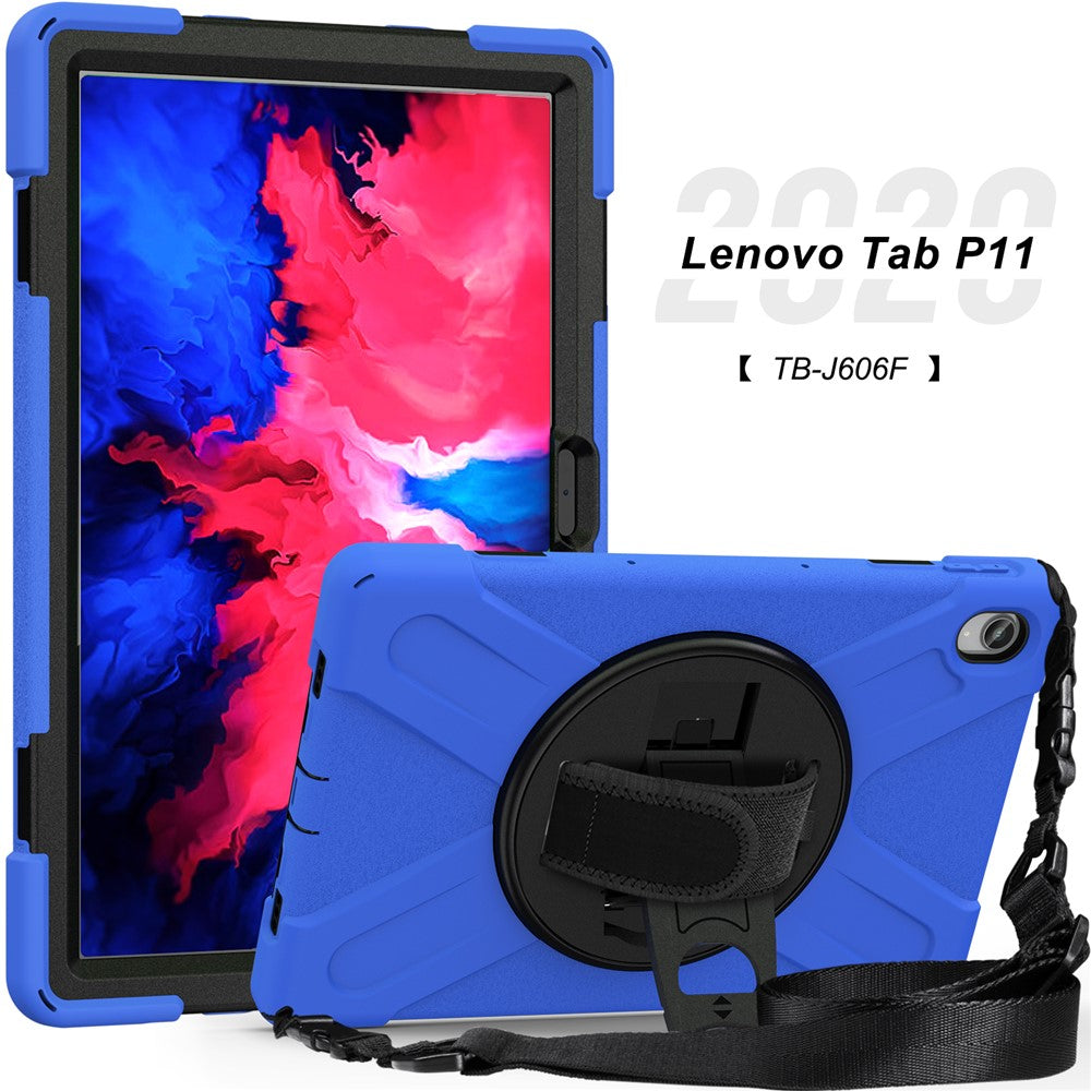 360 Degree Swivel Kickstand Design PC + Silicone Hybrid Tablet Case with Shoulder Strap for Lenovo Tab P11 TB-J606F / Tab P11 5G / Tab P11 5G - Blue