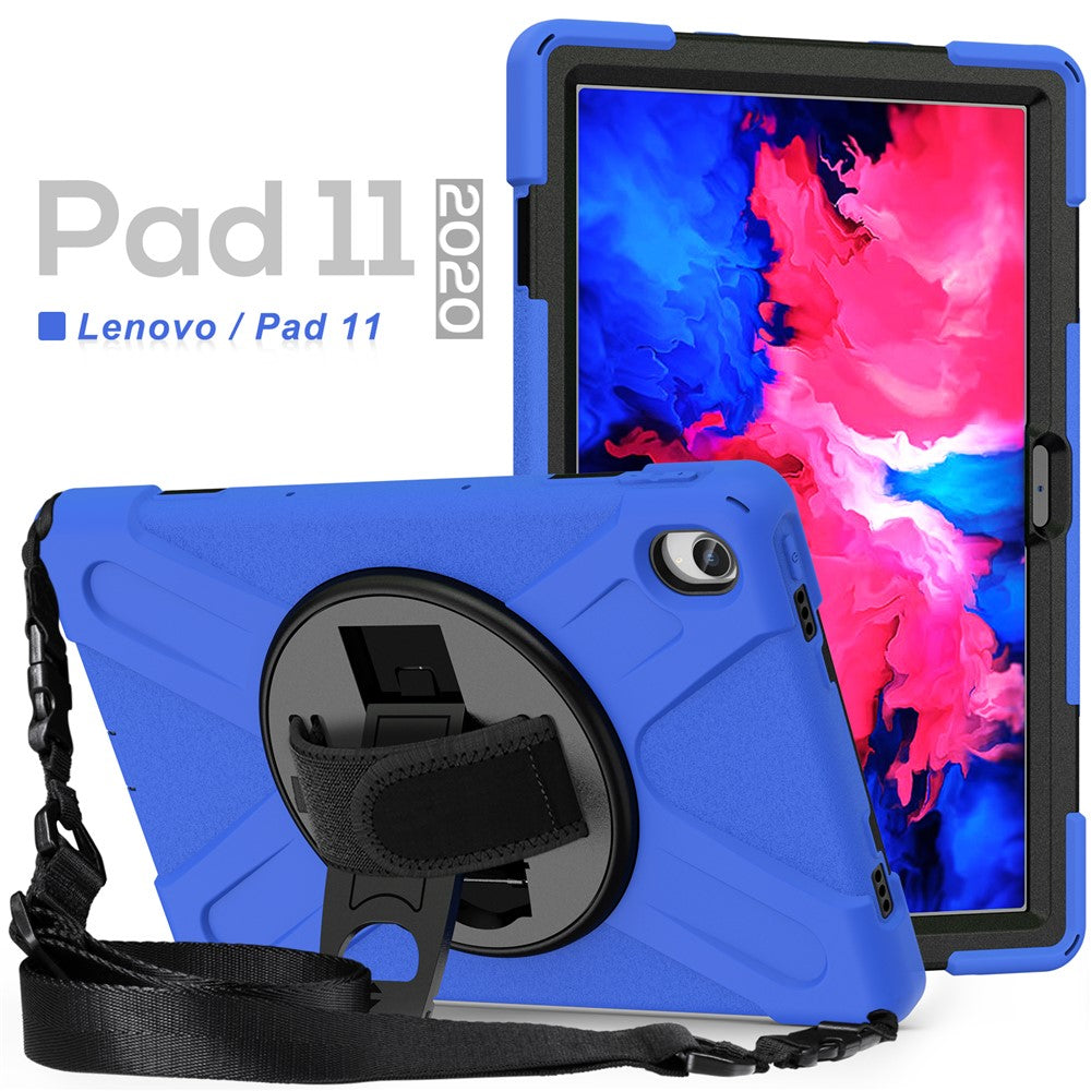 360 Degree Swivel Kickstand Design PC + Silicone Hybrid Tablet Case with Shoulder Strap for Lenovo Tab P11 TB-J606F / Tab P11 5G / Tab P11 5G - Blue