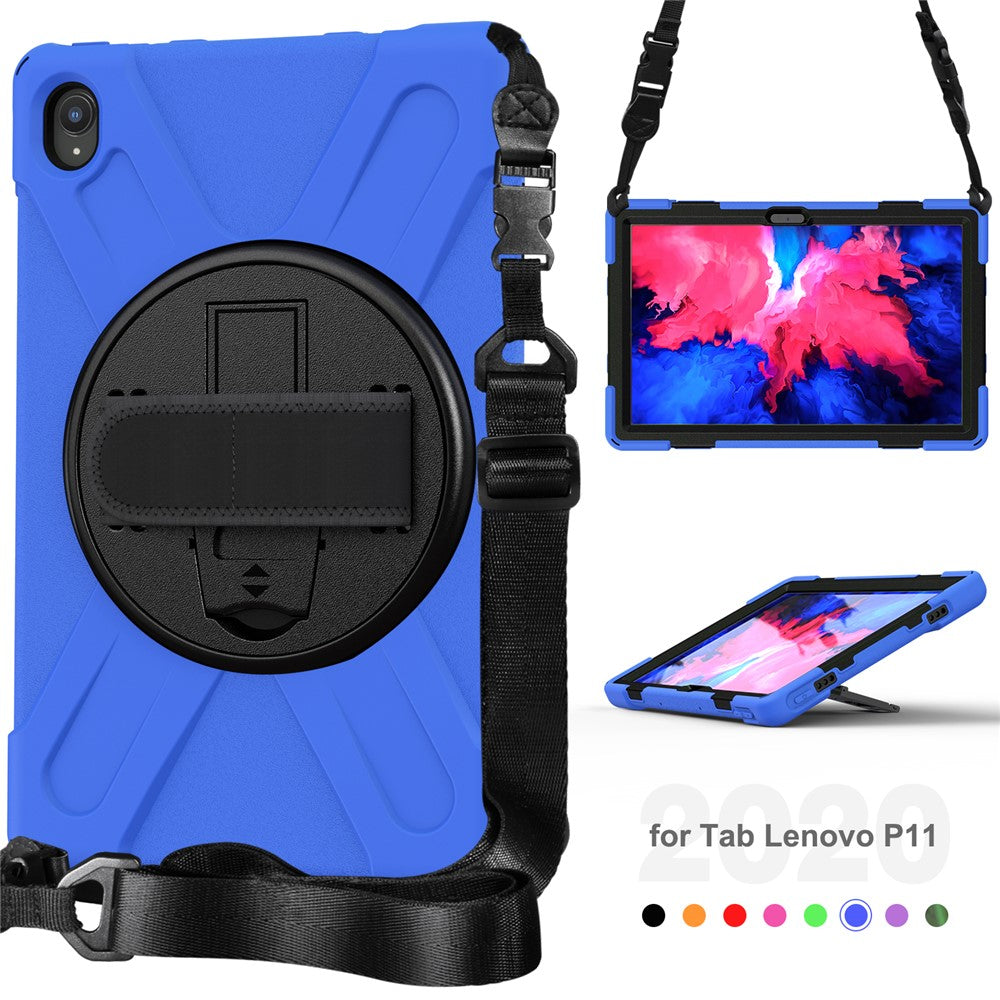 360 Degree Swivel Kickstand Design PC + Silicone Hybrid Tablet Case with Shoulder Strap for Lenovo Tab P11 TB-J606F / Tab P11 5G / Tab P11 5G - Blue