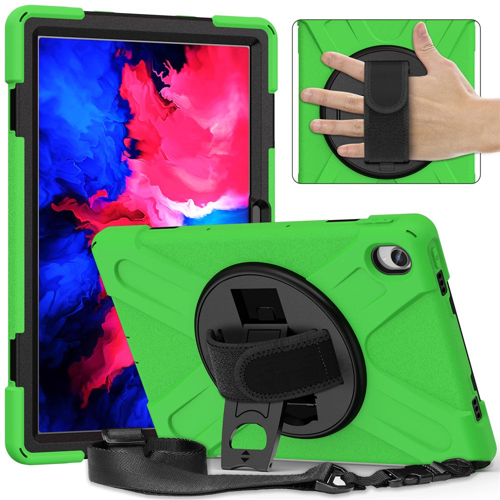 360 Degree Swivel Kickstand Design PC + Silicone Hybrid Tablet Case with Shoulder Strap for Lenovo Tab P11 TB-J606F / Tab P11 5G / Tab P11 5G - Green