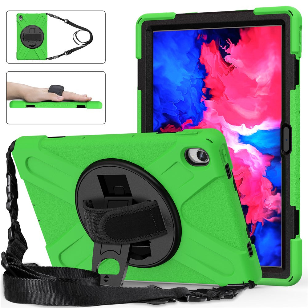360 Degree Swivel Kickstand Design PC + Silicone Hybrid Tablet Case with Shoulder Strap for Lenovo Tab P11 TB-J606F / Tab P11 5G / Tab P11 5G - Green