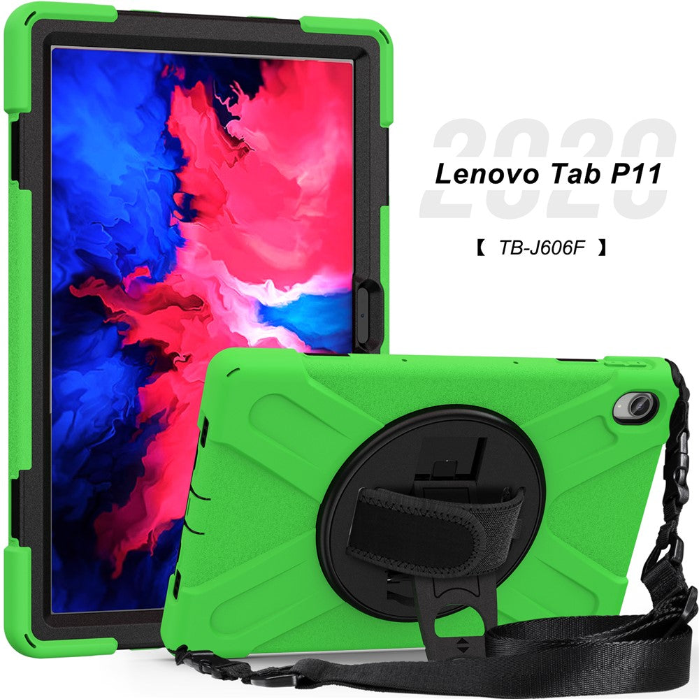 360 Degree Swivel Kickstand Design PC + Silicone Hybrid Tablet Case with Shoulder Strap for Lenovo Tab P11 TB-J606F / Tab P11 5G / Tab P11 5G - Green