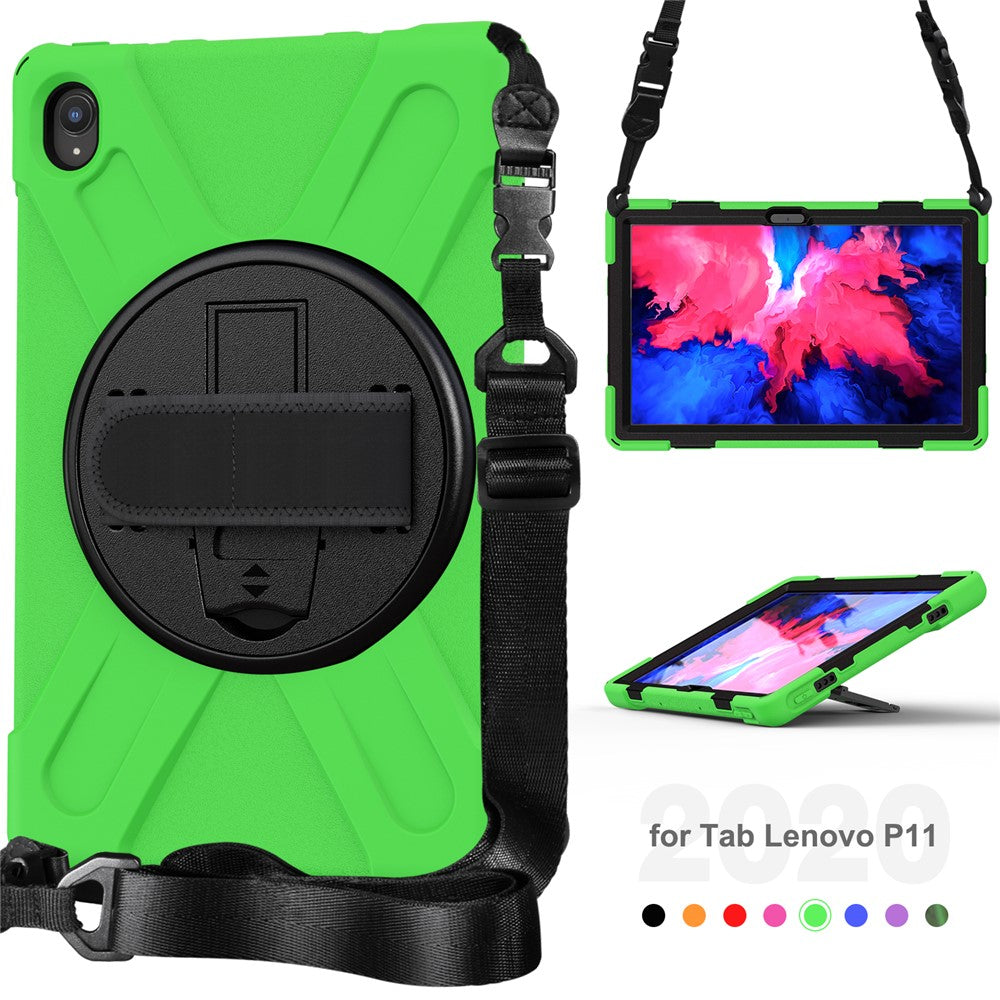 360 Degree Swivel Kickstand Design PC + Silicone Hybrid Tablet Case with Shoulder Strap for Lenovo Tab P11 TB-J606F / Tab P11 5G / Tab P11 5G - Green