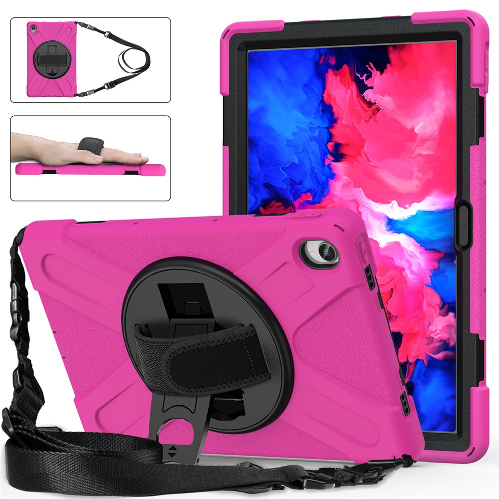 360 Degree Swivel Kickstand Design PC + Silicone Hybrid Tablet Case with Shoulder Strap for Lenovo Tab P11 TB-J606F / Tab P11 5G / Tab P11 5G - Rose
