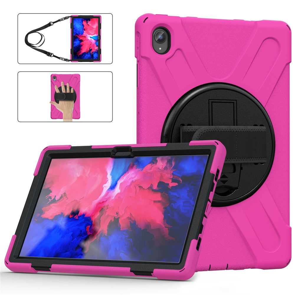 360 Degree Swivel Kickstand Design PC + Silicone Hybrid Tablet Case with Shoulder Strap for Lenovo Tab P11 TB-J606F / Tab P11 5G / Tab P11 5G - Rose